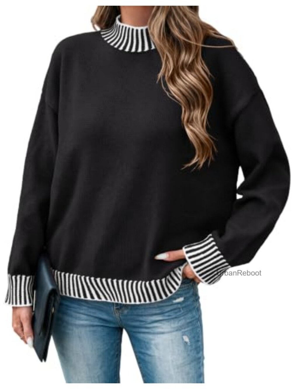 Oversized Turtle Neck Striped Pullover Sweater Ribbed Knit Cozy Fall